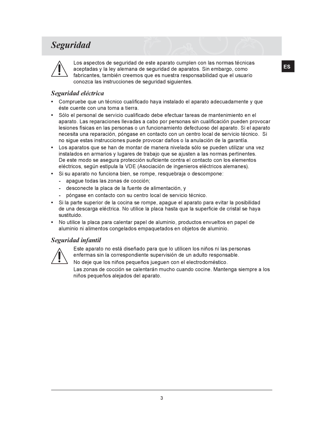 Samsung C61R2AEE/XEU, C61R2AEE/XEC manual Seguridad eléctrica, Seguridad infantil 