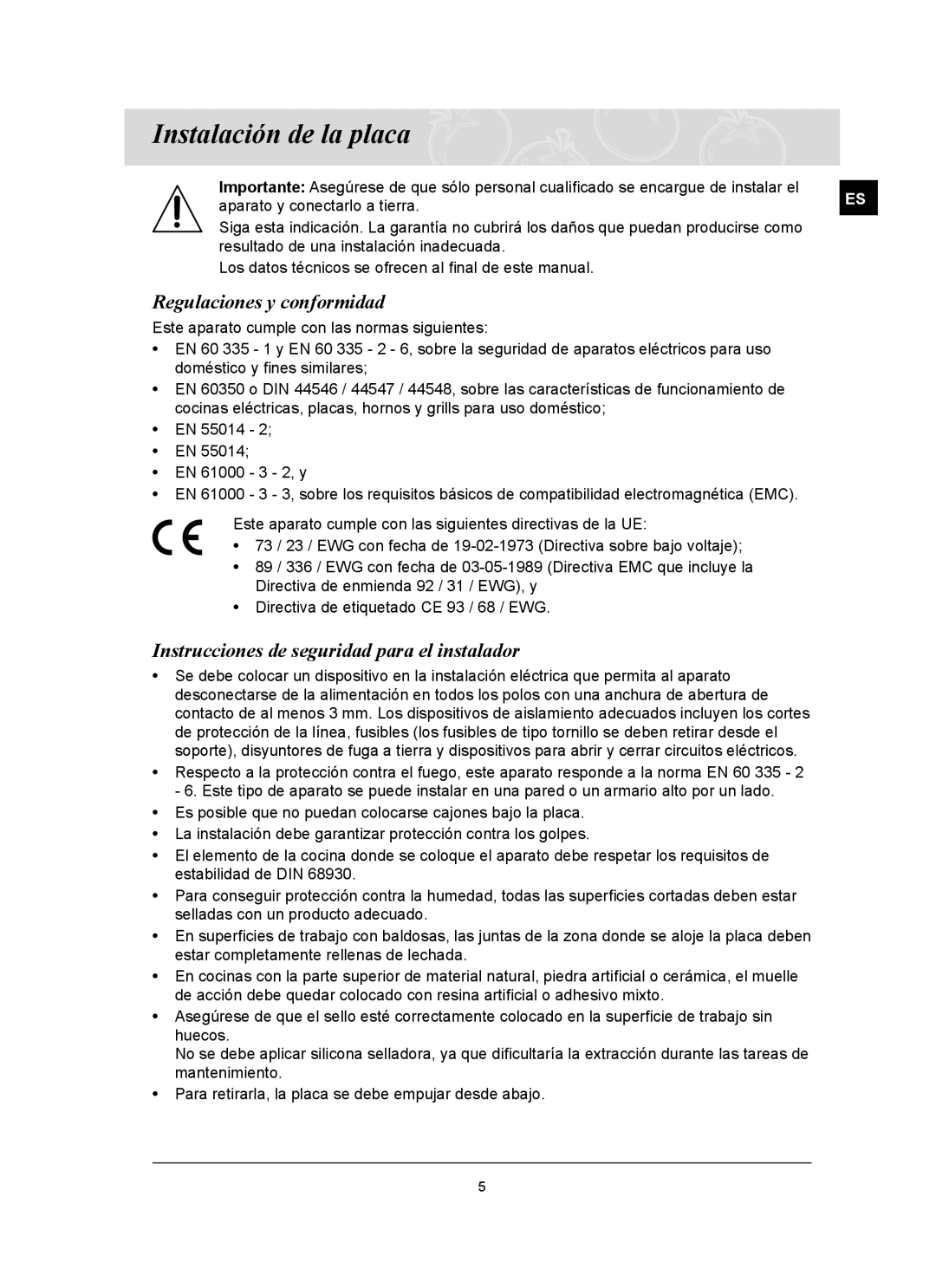 Samsung C61R2AEE/XEU Instalación de la placa, Regulaciones y conformidad, Instrucciones de seguridad para el instalador 