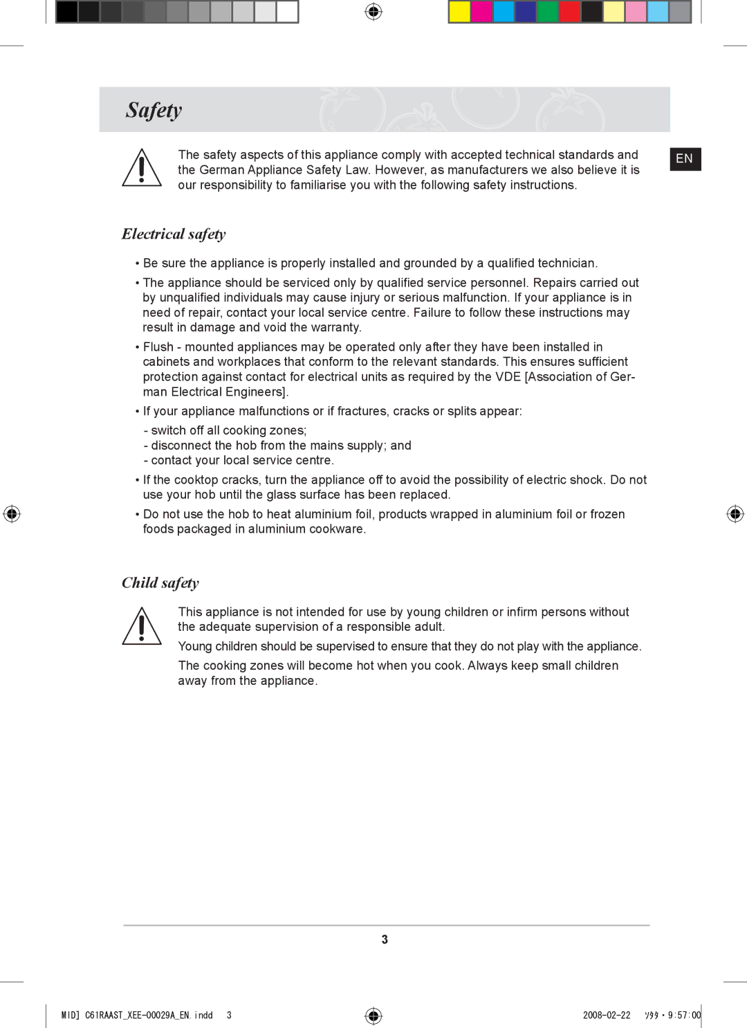 Samsung C61R2AEE/XEE manual Safety, Electrical safety, Child safety 