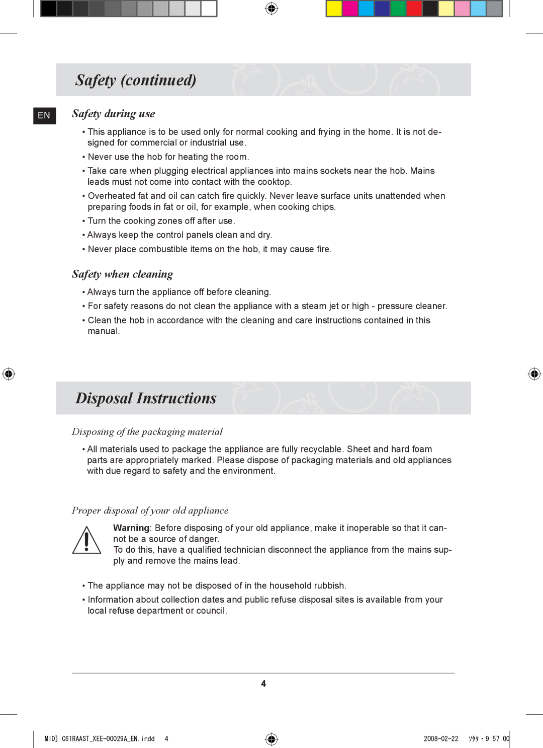 Samsung C61R2AEE/XEE manual Disposal Instructions, EN Safety during use, Safety when cleaning 