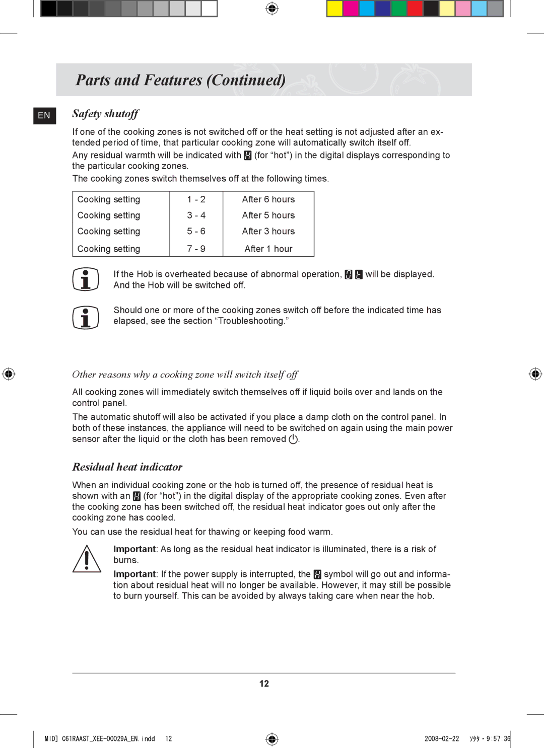 Samsung C61R2AEE/XEE manual EN Safety shutoff, Residual heat indicator 