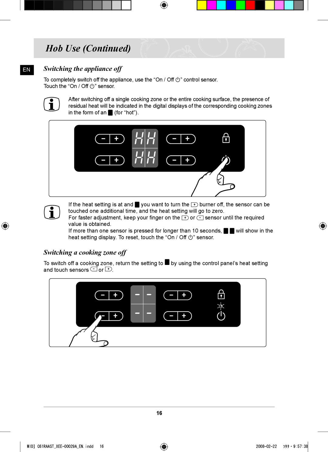 Samsung C61R2AEE/XEE manual EN Switching the appliance off, Switching a cooking zone off 