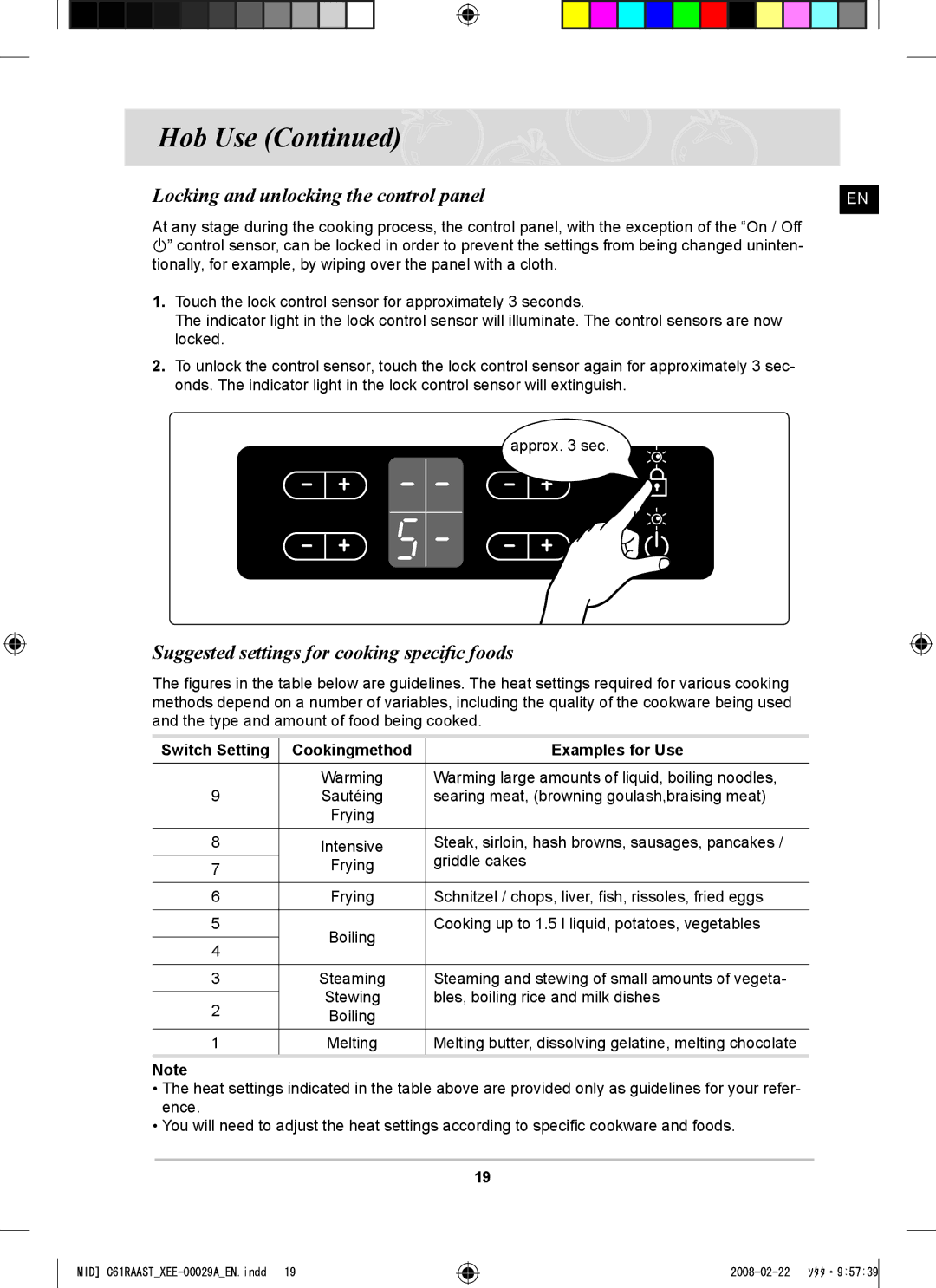 Samsung C61R2AEE/XEE manual Locking and unlocking the control panel, Suggested settings for cooking speciﬁc foods 