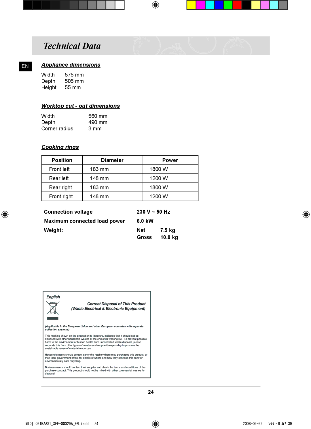 Samsung C61R2AEE/XEE manual Technical Data, Position Diameter Power 