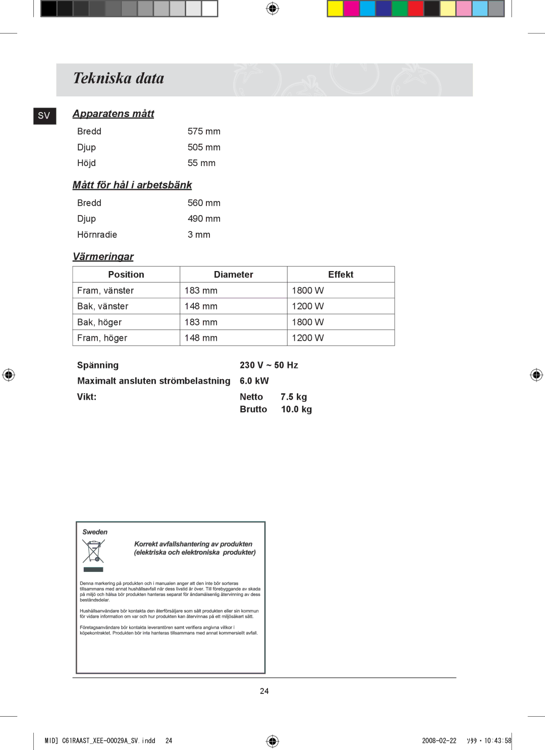 Samsung C61R2AEE/XEE manual Tekniska data, Position Diameter Effekt, Spänning 230 V ~ 50 Hz, Vikt Netto Brutto 