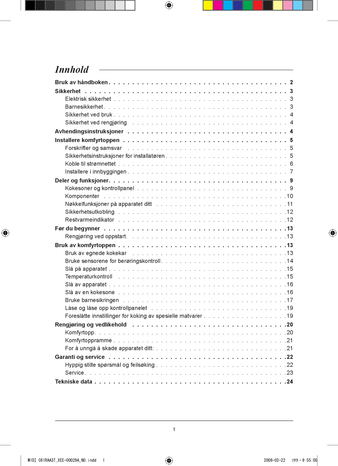 Samsung C61R2AEE/XEE manual Bruk av håndboken Sikkerhet, Før du begynner, Bruk av komfyrtoppen, Rengjøring og vedlikehold 