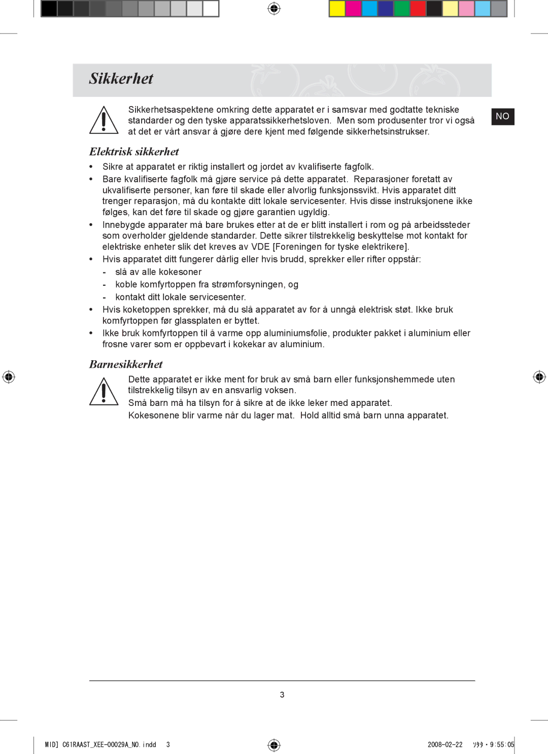 Samsung C61R2AEE/XEE manual Sikkerhet, Elektrisk sikkerhet, Barnesikkerhet 