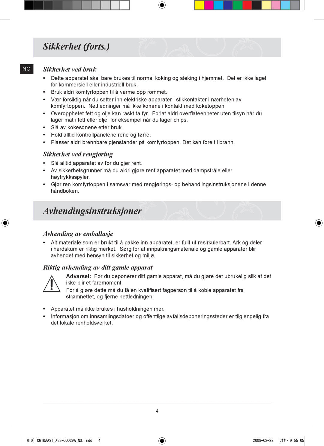 Samsung C61R2AEE/XEE manual Sikkerhet forts, Avhendingsinstruksjoner 