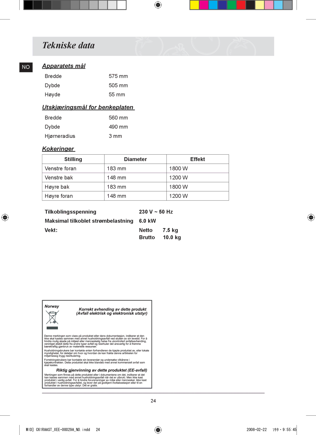 Samsung C61R2AEE/XEE manual Tekniske data, Stilling Diameter Effekt, Tilkoblingsspenning 230 V ~ 50 Hz, Vekt Netto Brutto 