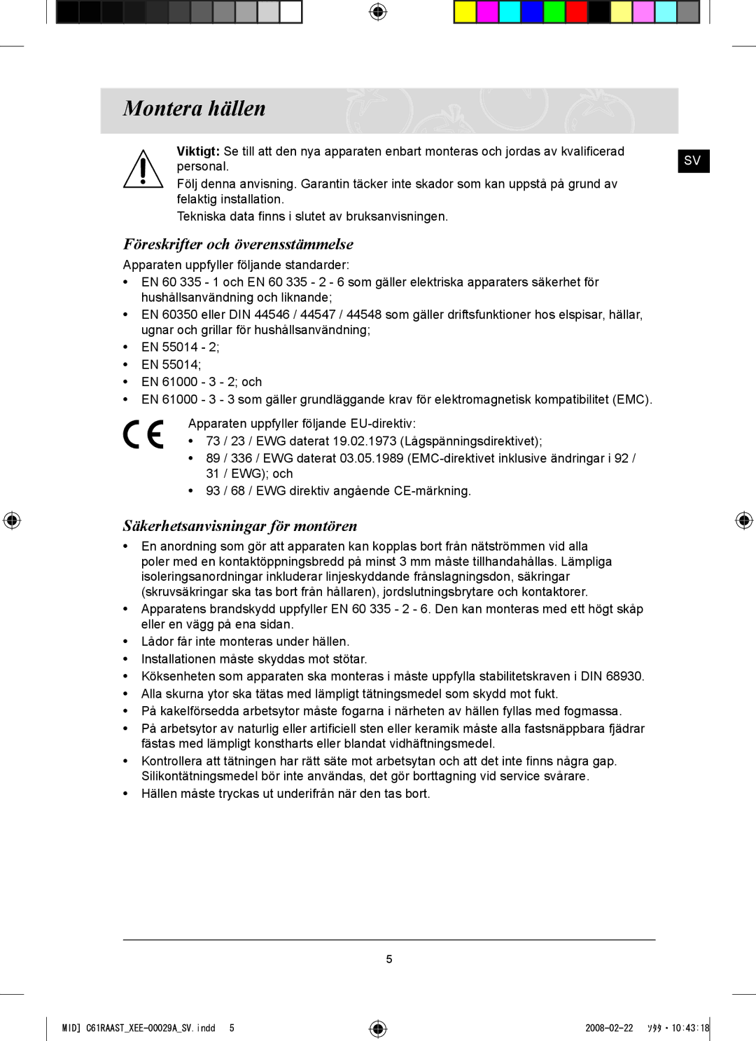 Samsung C61R2AEE/XEE manual Montera hällen, Föreskrifter och överensstämmelse, Säkerhetsanvisningar för montören 