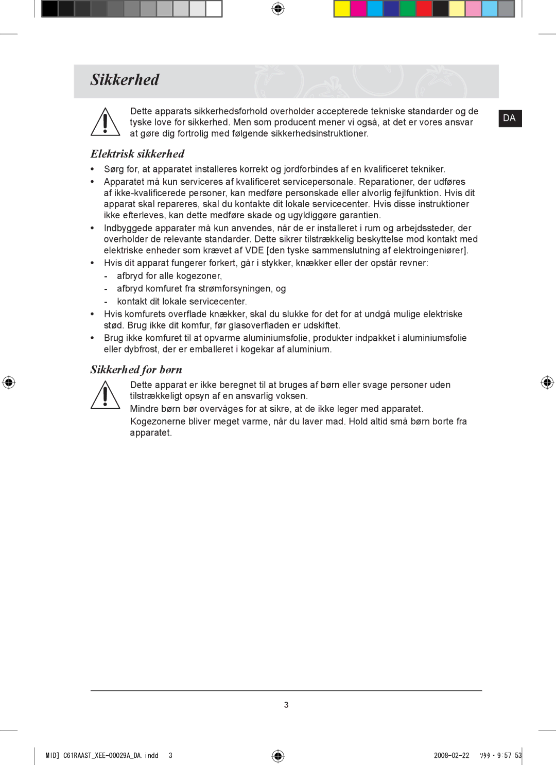 Samsung C61R2AEE/XEE manual Elektrisk sikkerhed, Sikkerhed for børn 