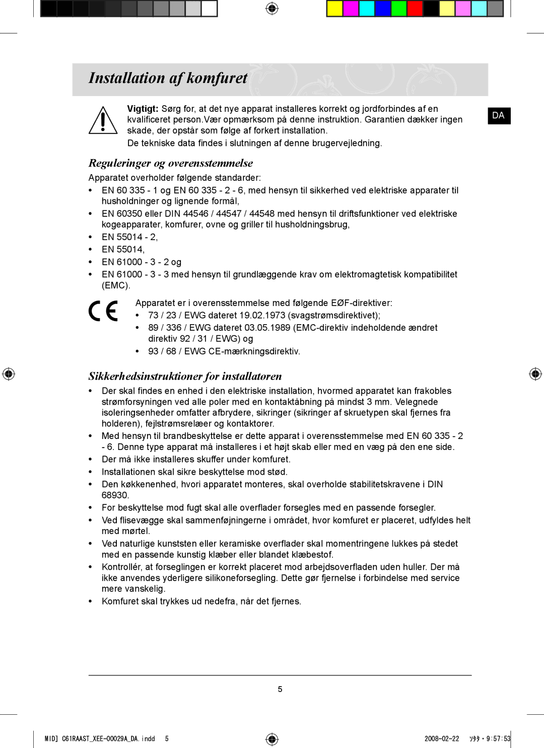 Samsung C61R2AEE/XEE Installation af komfuret, Reguleringer og overensstemmelse, Sikkerhedsinstruktioner for installatøren 