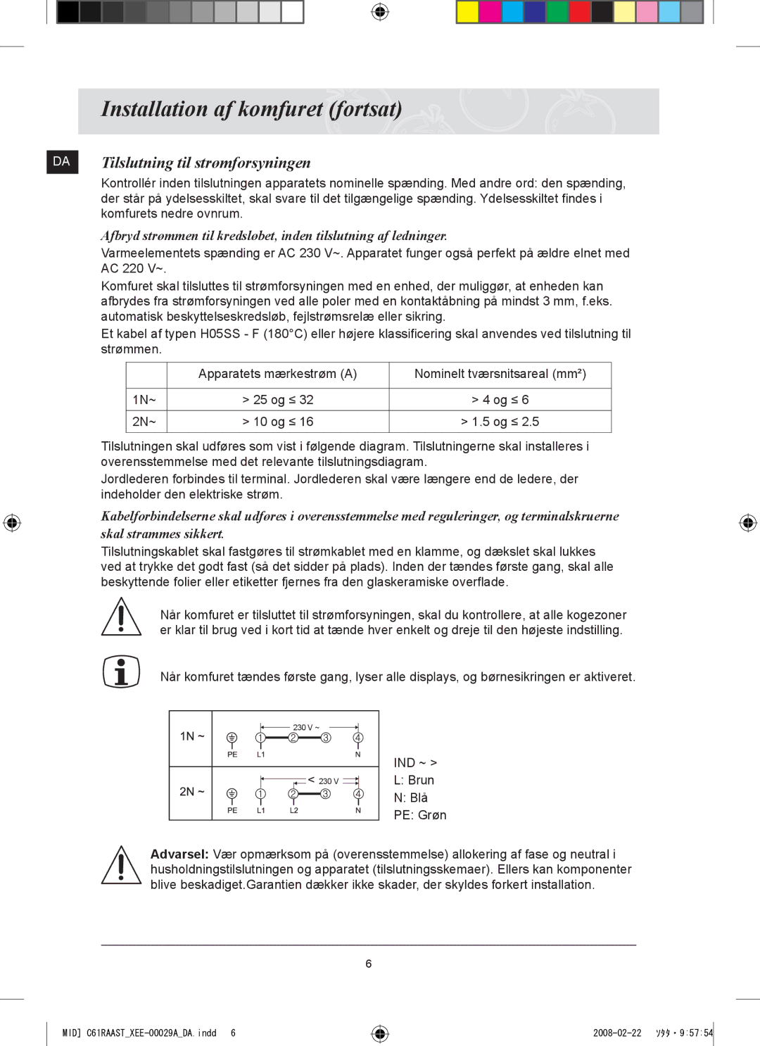 Samsung C61R2AEE/XEE manual Installation af komfuret fortsat, Tilslutning til strømforsyningen 