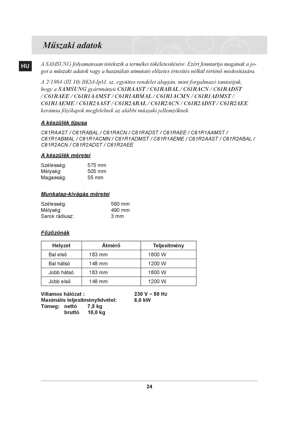 Samsung C61R2AEE/XEH, C61R2AEEP/XEH manual Műszaki adatok, Készülék típusa 