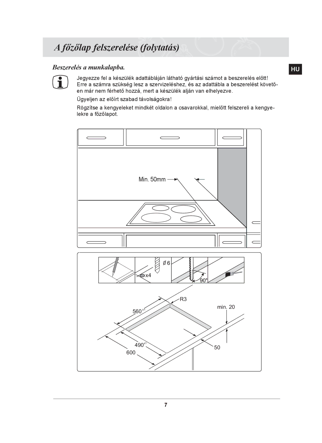 Samsung C61R2AEEP/XEH, C61R2AEE/XEH manual Főzőlap felszerelése folytatás, Beszerelés a munkalapba 