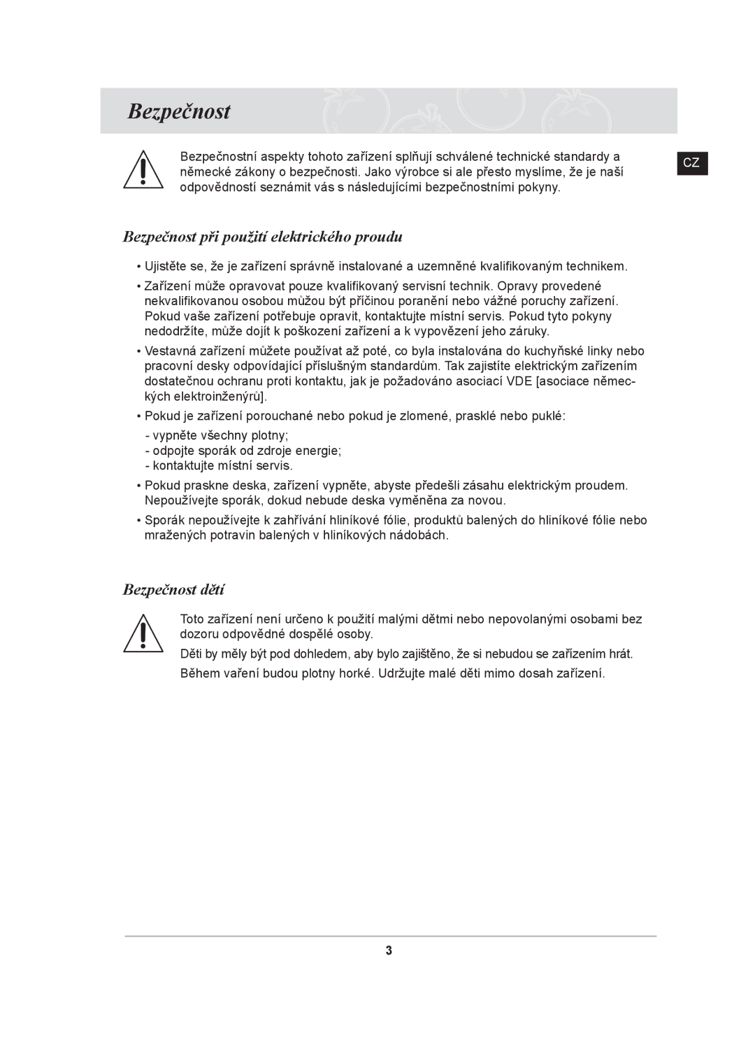 Samsung C61R2AEE/XEH manual Bezpečnost při použití elektrického proudu, Bezpečnost dětí 