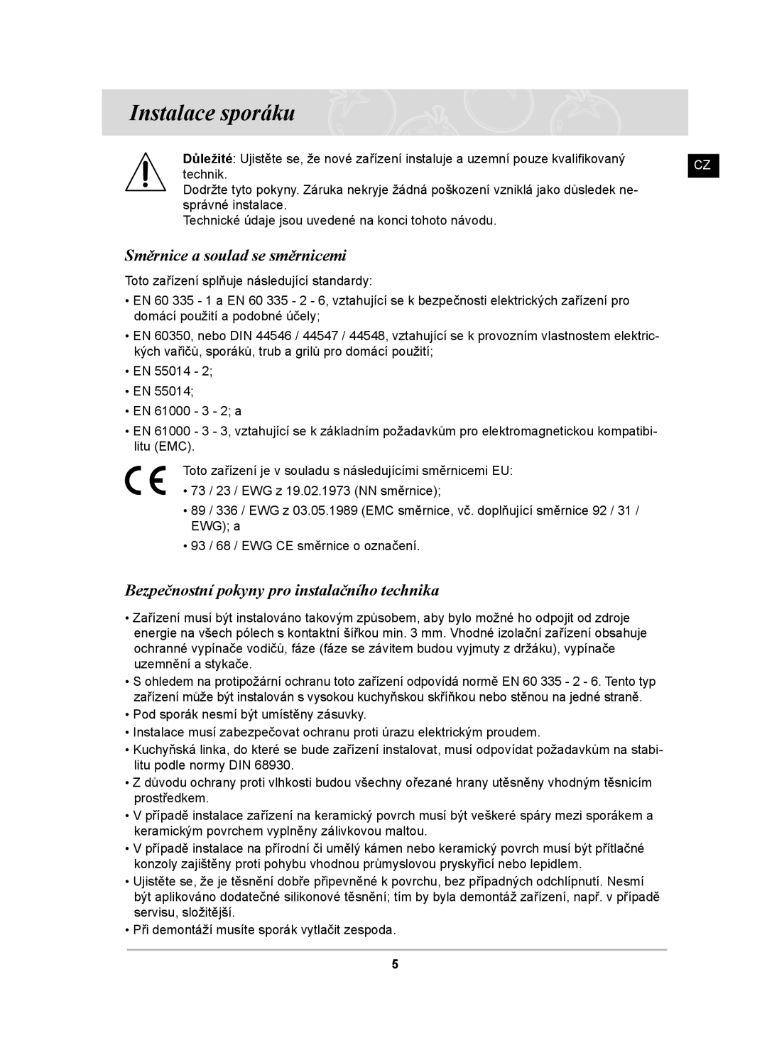 Samsung C61R2AEE/XEH Instalace sporáku, Směrnice a soulad se směrnicemi, Bezpečnostní pokyny pro instalačního technika 