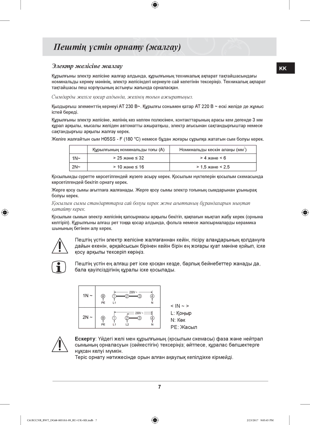 Samsung C61RCCNR/SBW, C61R2CAST/BOL, C61RCBALR/SBW, C61RCDSTR/SBW manual Пештің үстін орнату жалғау, Электр желісіне жалғау 