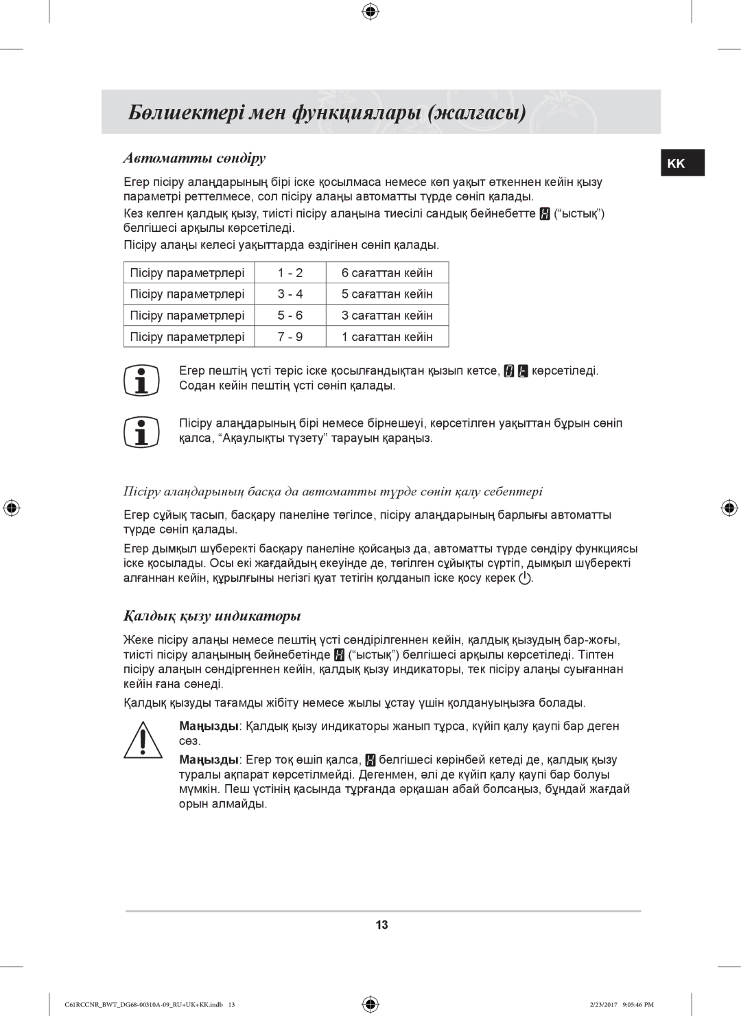 Samsung C61RCCNR/BWT, C61R2CAST/BOL, C61RCCNR/SBW, C61RCBALR/SBW, C61RCDSTR/SBW Автоматты сөндіру, Қалдық қызу индикаторы 