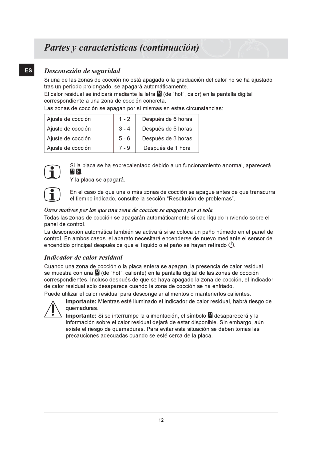 Samsung C61R2CAST/XEC manual Desconexión de seguridad, Indicador de calor residual 