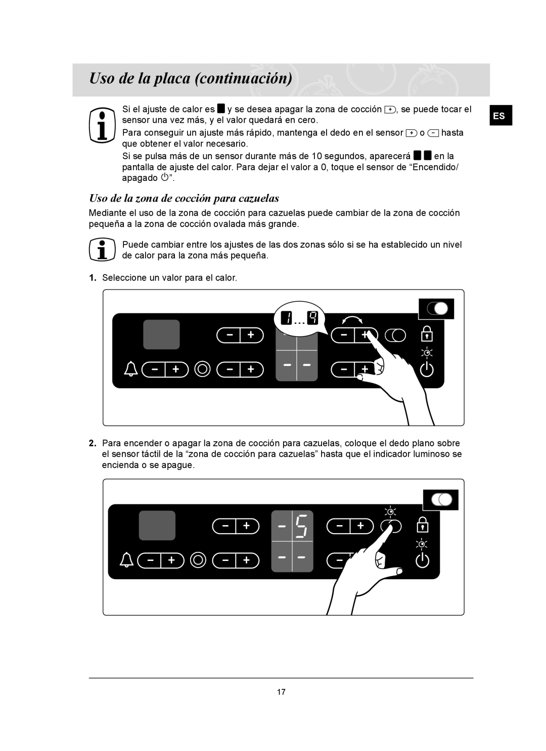 Samsung C61R2CAST/XEC manual Uso de la zona de cocción para cazuelas 