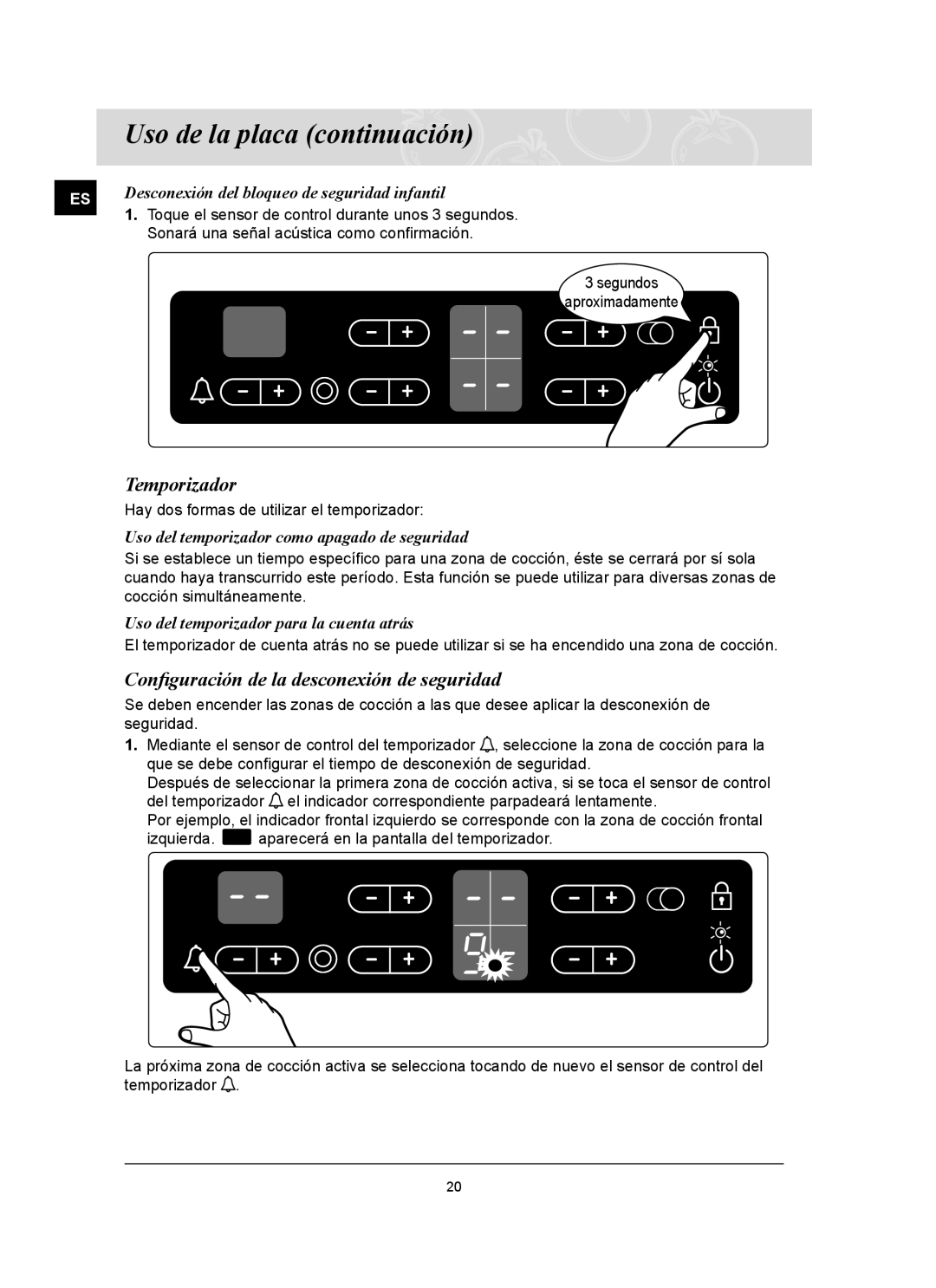 Samsung C61R2CAST/XEC Temporizador, Conﬁguración de la desconexión de seguridad, Uso del temporizador para la cuenta atrás 