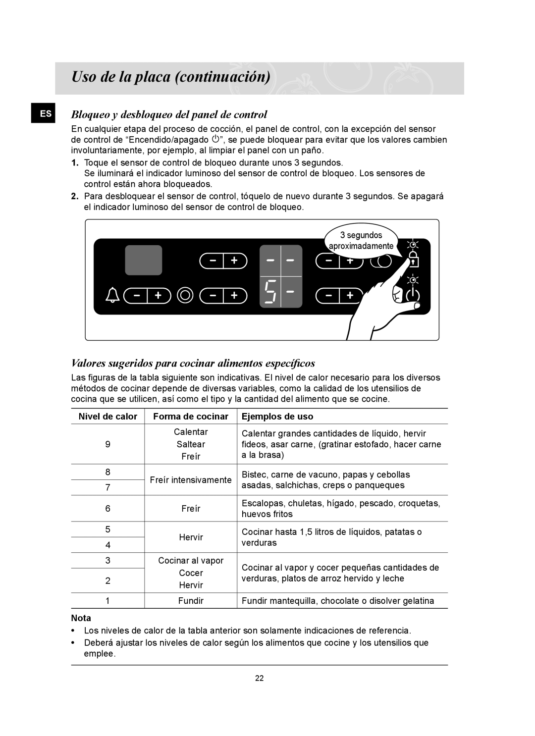 Samsung C61R2CAST/XEC manual Valores sugeridos para cocinar alimentos especíﬁcos, Bloqueo y desbloqueo del panel de control 