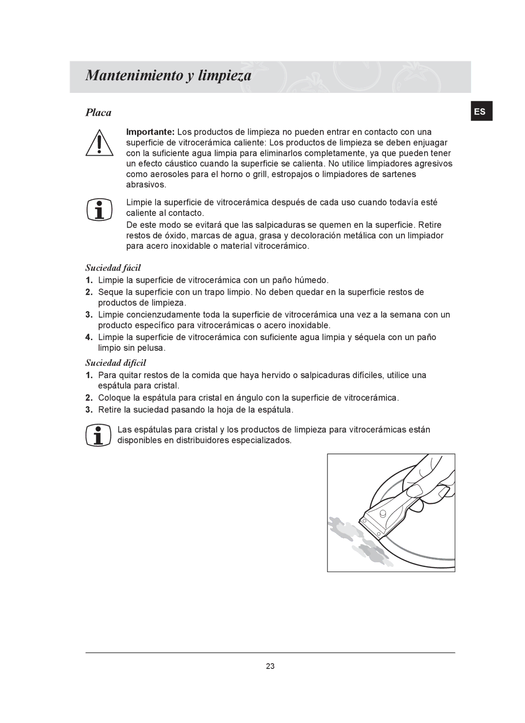 Samsung C61R2CAST/XEC manual Mantenimiento y limpieza, Placa, Suciedad fácil, Suciedad difícil 