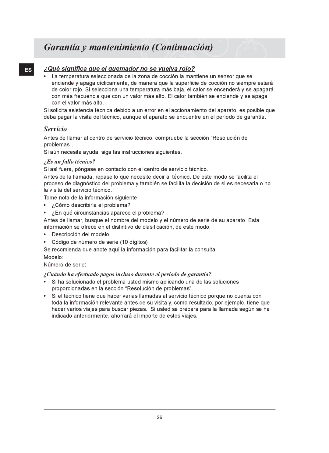 Samsung C61R2CAST/XEC manual Garantía y mantenimiento Continuación, Servicio, ¿Es un fallo técnico? 