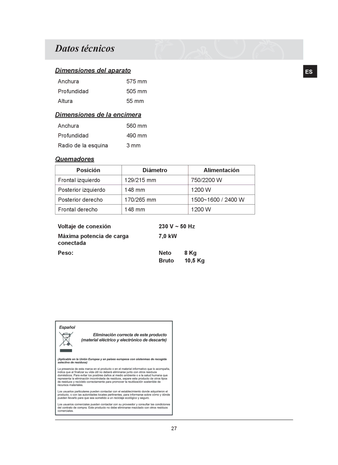 Samsung C61R2CAST/XEC manual Datos técnicos, Quemadores 