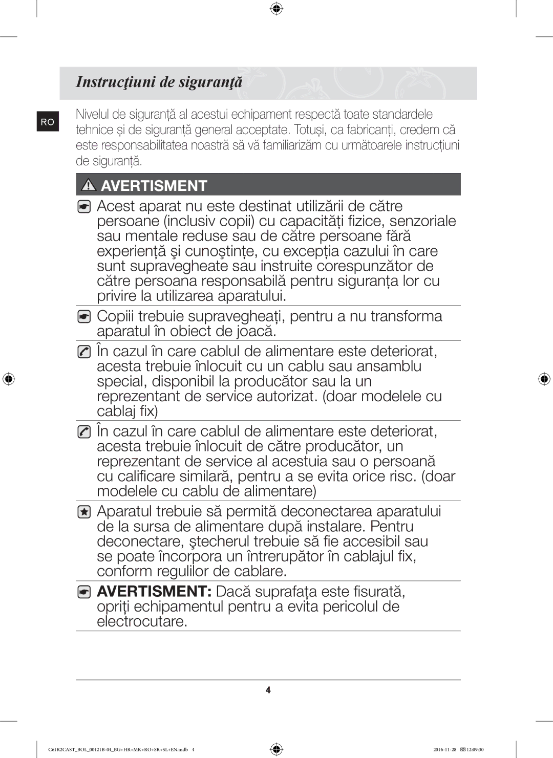 Samsung C61R2CAST/BOL, C61R2CCN/BOL, C61R2CCN/XEH manual Instrucţiuni de siguranţă 