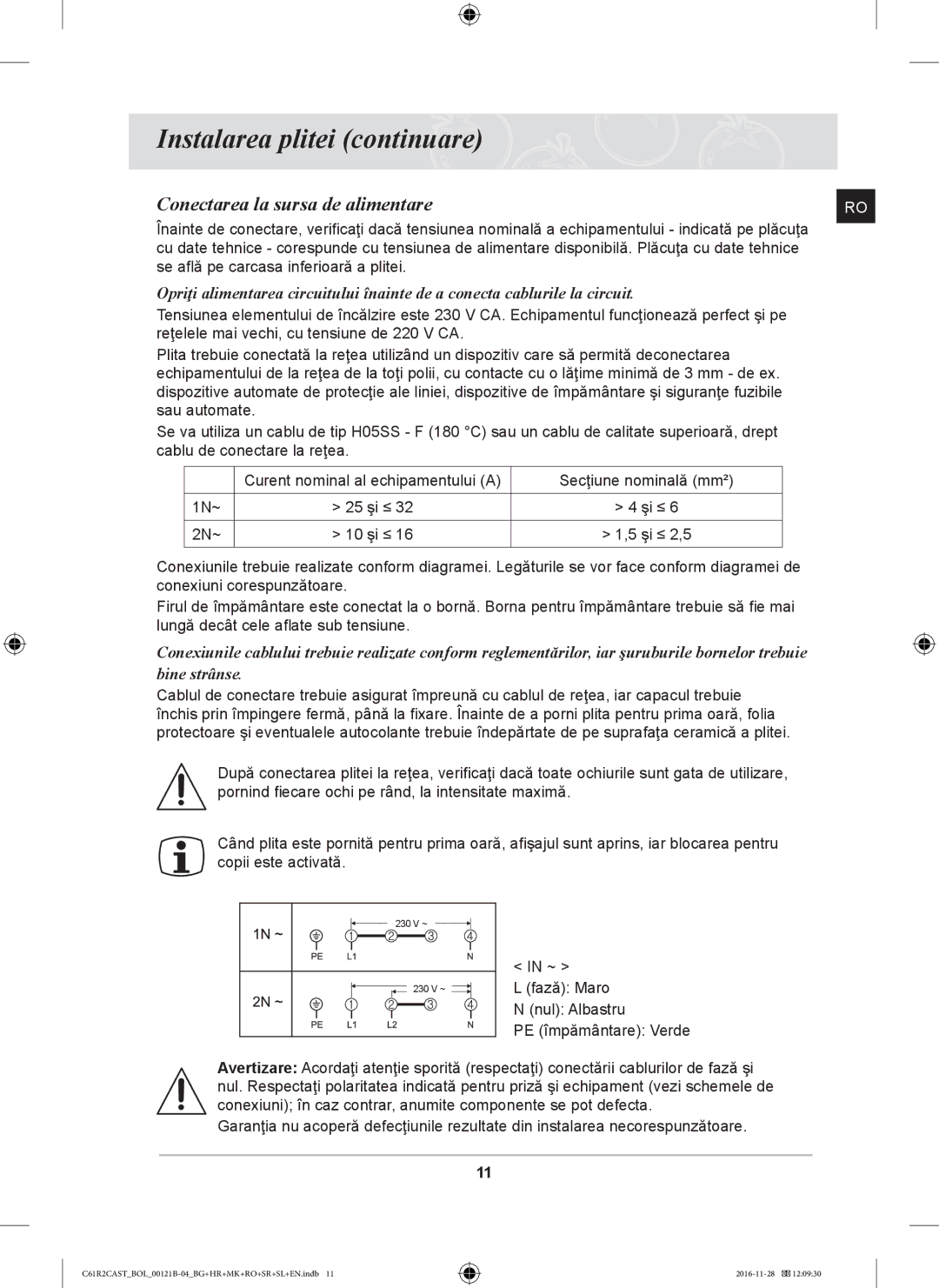 Samsung C61R2CCN/XEH, C61R2CCN/BOL, C61R2CAST/BOL manual Instalarea plitei continuare, Conectarea la sursa de alimentare 