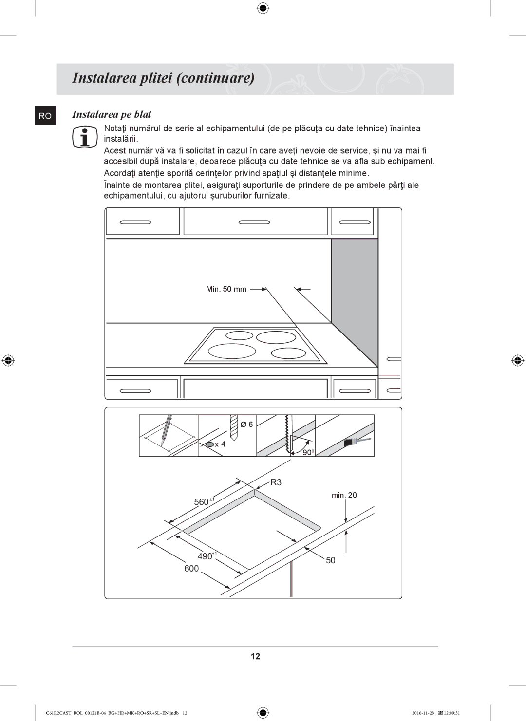 Samsung C61R2CCN/BOL, C61R2CAST/BOL, C61R2CCN/XEH manual Instalarea pe blat 