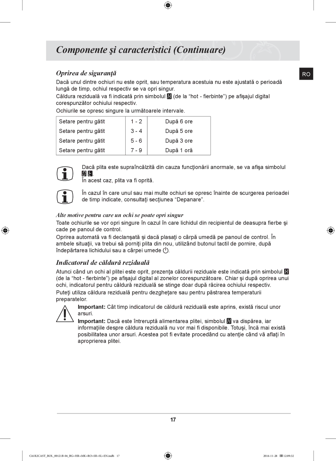 Samsung C61R2CCN/XEH, C61R2CCN/BOL, C61R2CAST/BOL manual Oprirea de siguranţă, Indicatorul de căldură reziduală 