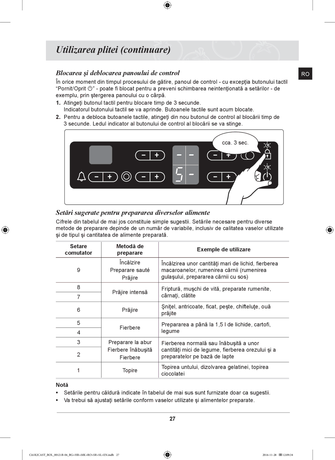 Samsung C61R2CCN/BOL Blocarea şi deblocarea panoului de control, Setări sugerate pentru prepararea diverselor alimente 