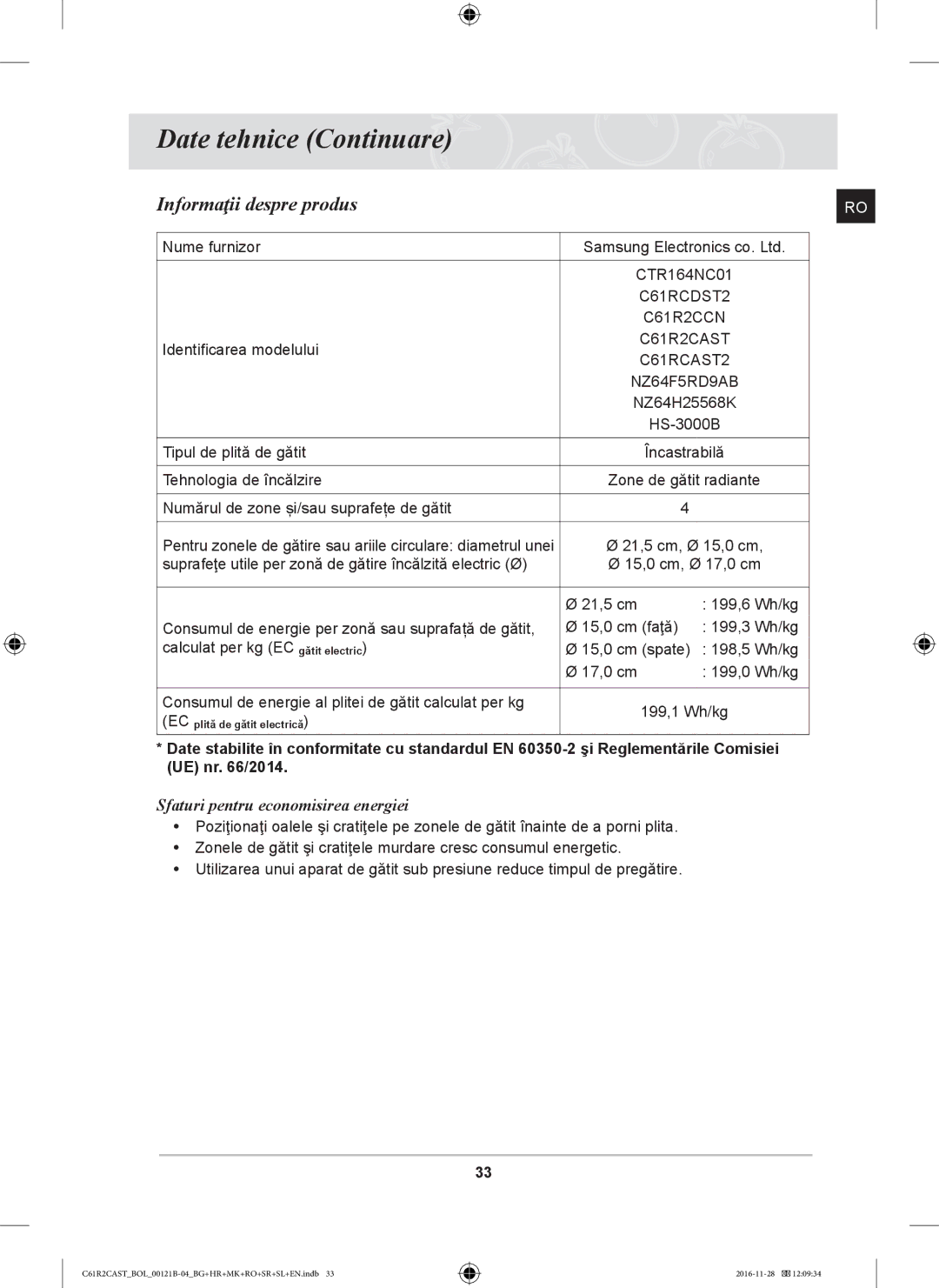 Samsung C61R2CCN/BOL, C61R2CAST/BOL, C61R2CCN/XEH manual Date tehnice Continuare, Informaţii despre produs 