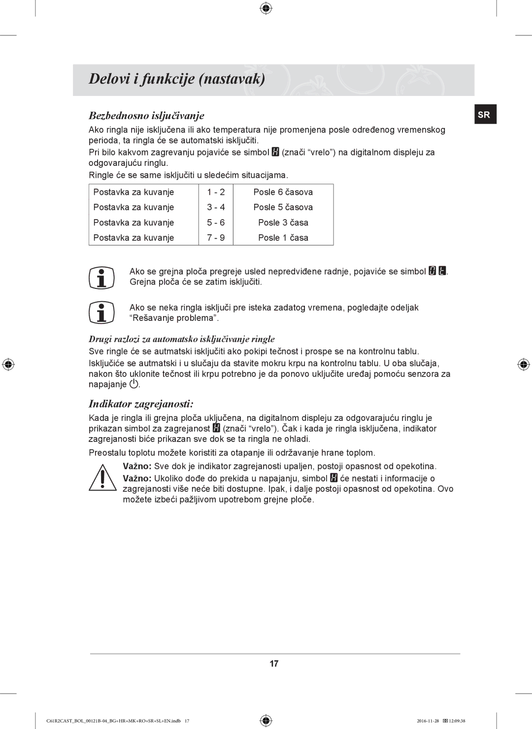 Samsung C61R2CCN/XEH Bezbednosno isljučivanje, Indikator zagrejanosti, Drugi razlozi za automatsko isključivanje ringle 