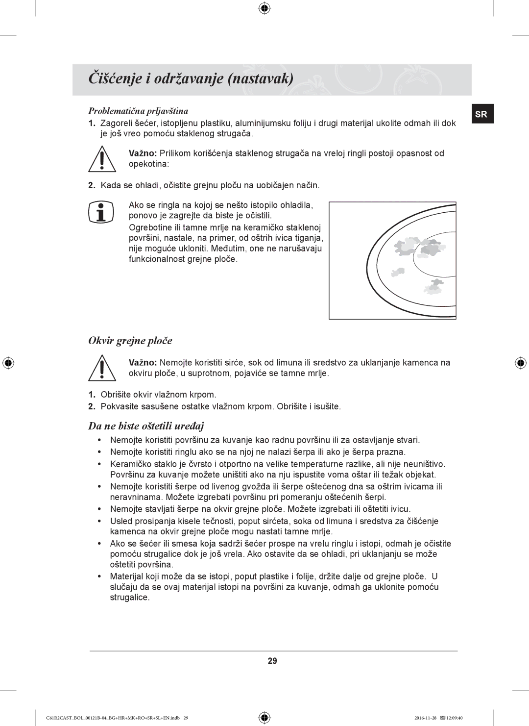 Samsung C61R2CCN/XEH, C61R2CCN/BOL manual Okvir grejne ploče, Da ne biste oštetili uređaj, Problematična prljavština 