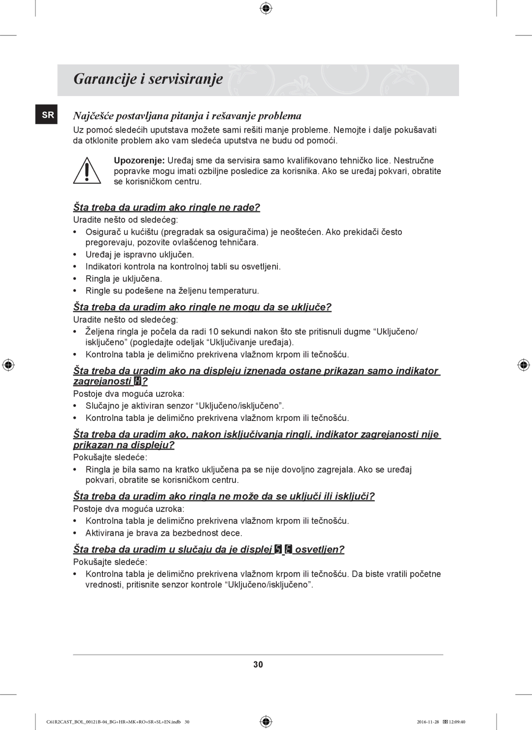 Samsung C61R2CCN/BOL, C61R2CAST/BOL manual Garancije i servisiranje, Najčešće postavljana pitanja i rešavanje problema 