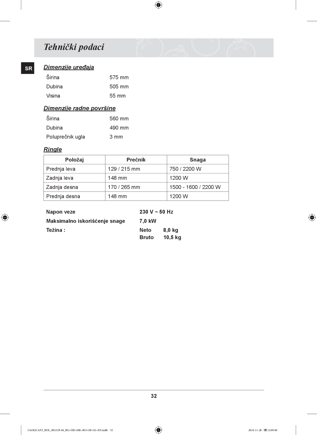 Samsung C61R2CCN/XEH, C61R2CCN/BOL, C61R2CAST/BOL manual Ringle, Položaj Prečnik Snaga 