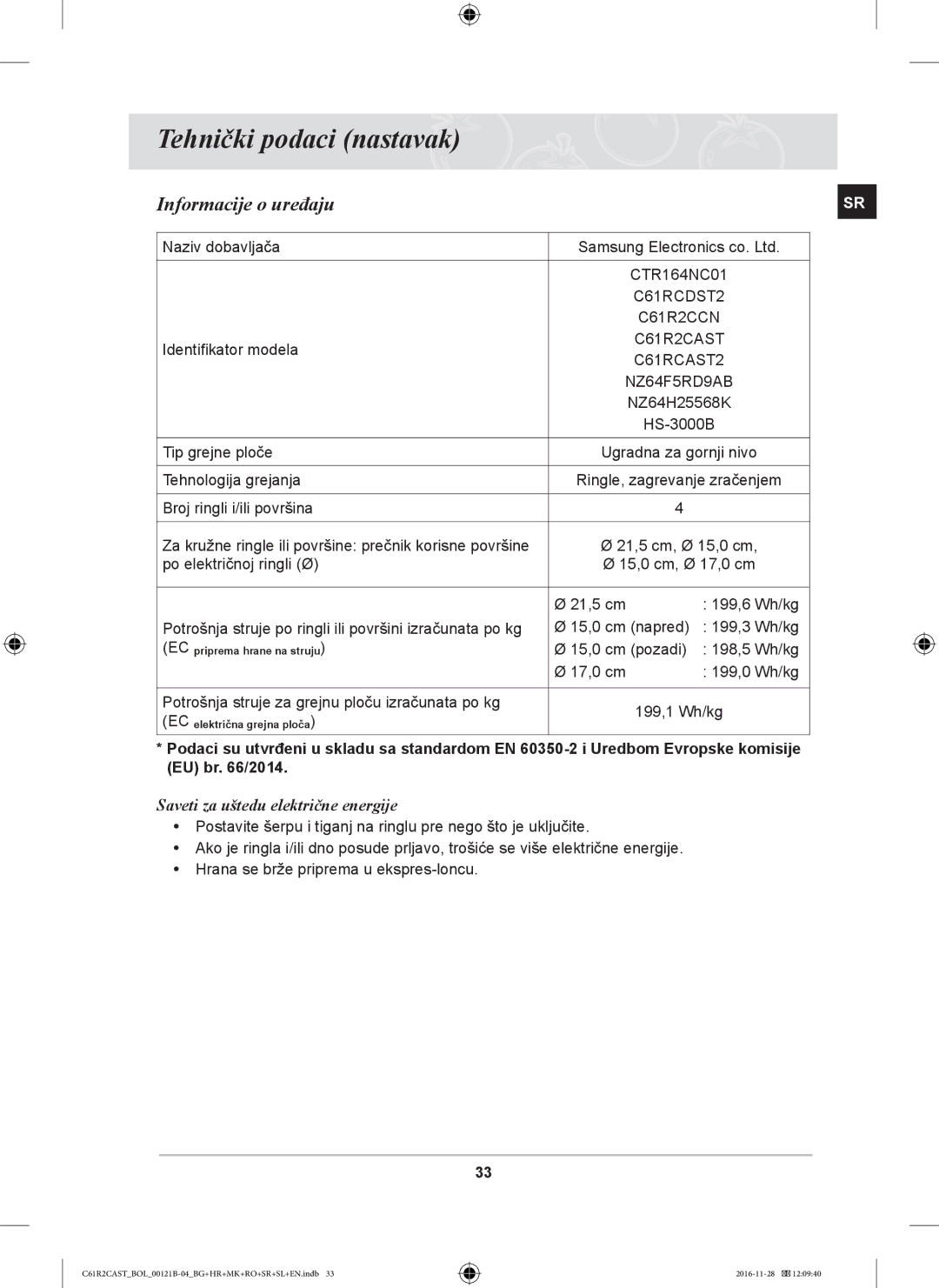 Samsung C61R2CCN/BOL, C61R2CAST/BOL, C61R2CCN/XEH manual Tehnički podaci nastavak, Informacije o uređaju 