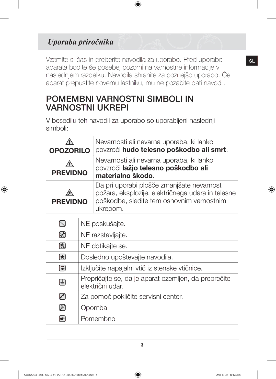 Samsung C61R2CCN/BOL, C61R2CAST/BOL, C61R2CCN/XEH manual Pomembni Varnostni Simboli in Varnostni Ukrepi, Uporaba priročnika 