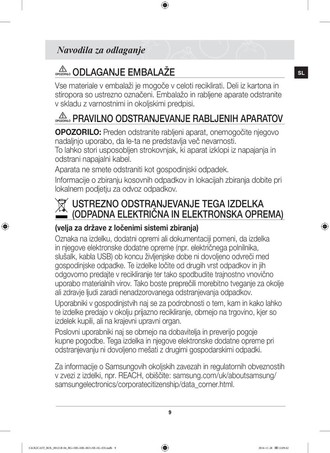 Samsung C61R2CCN/BOL, C61R2CAST/BOL, C61R2CCN/XEH manual Opozorilo Odlaganje Embalaže, Navodila za odlaganje 