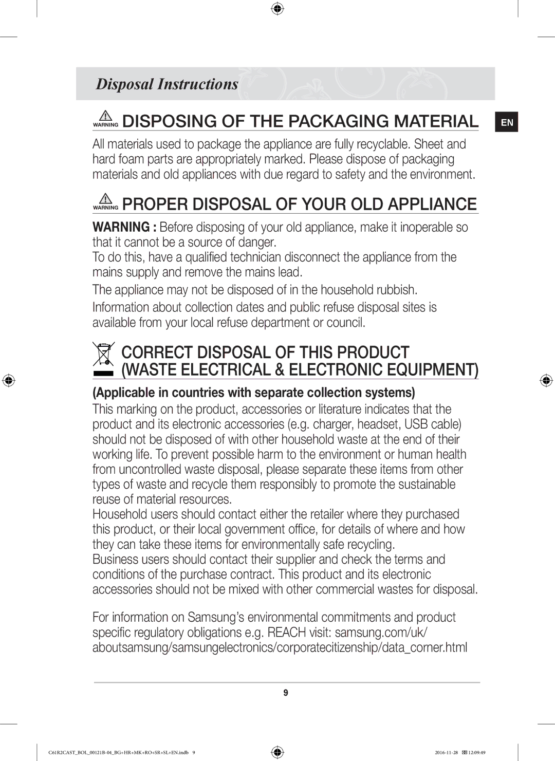 Samsung C61R2CCN/BOL, C61R2CAST/BOL manual Disposal Instructions, Applicable in countries with separate collection systems 