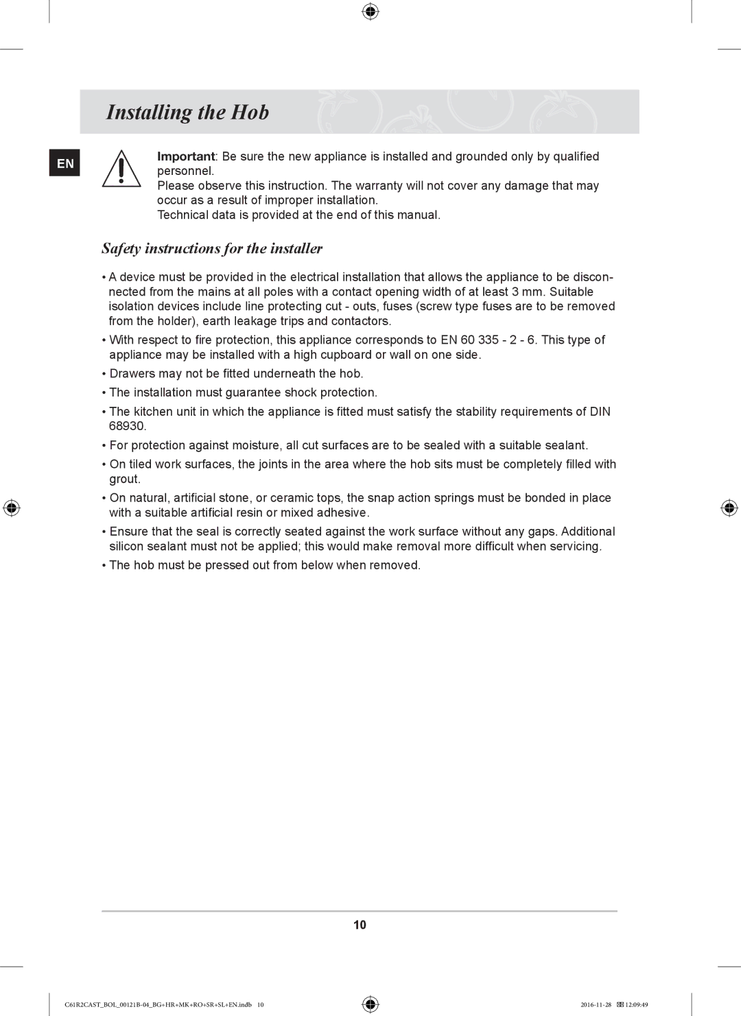 Samsung C61R2CAST/BOL, C61R2CCN/BOL, C61R2CCN/XEH manual Installing the Hob, Safety instructions for the installer 