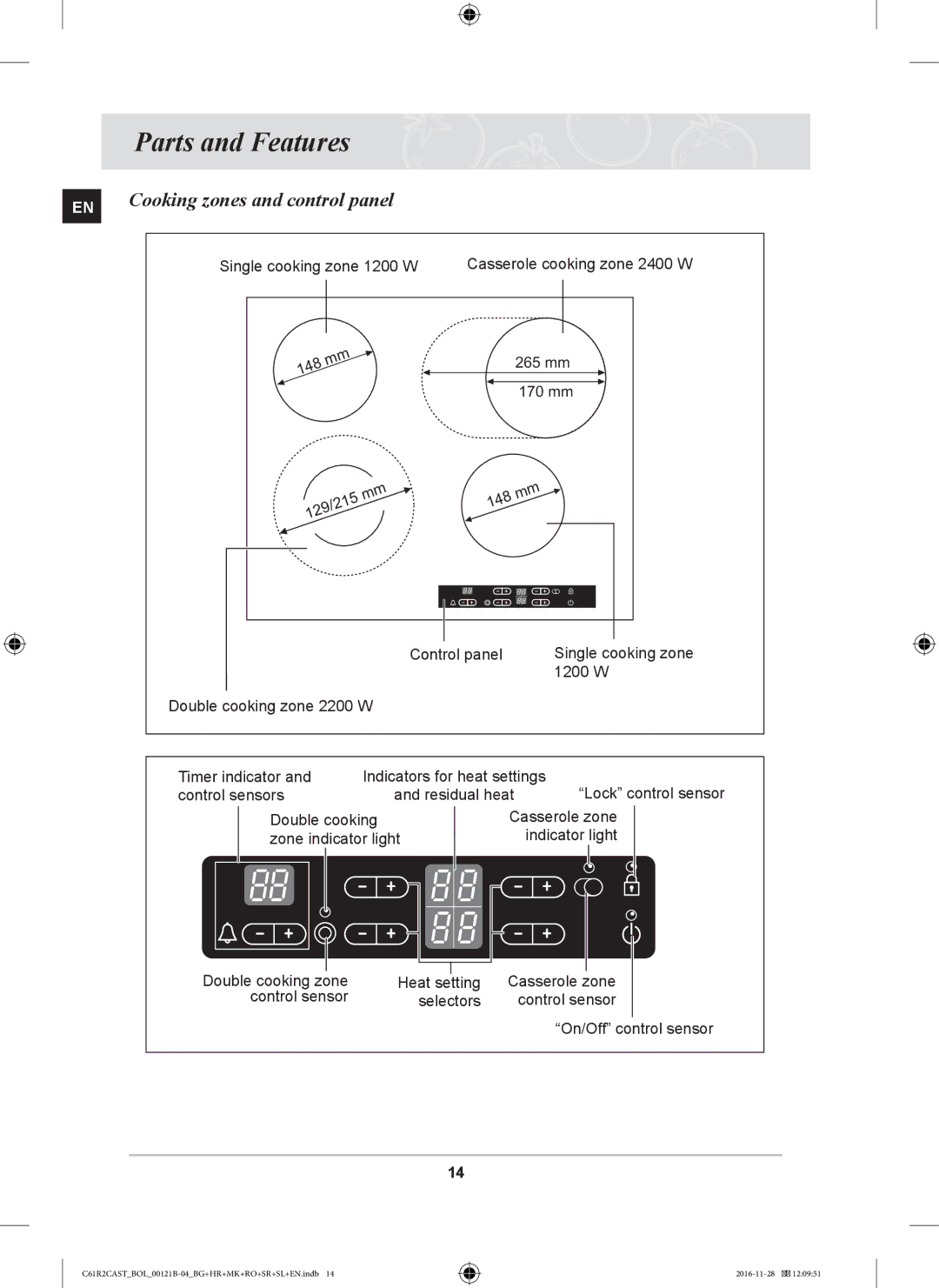 Samsung C61R2CCN/XEH, C61R2CCN/BOL, C61R2CAST/BOL manual Parts and Features, Cooking zones and control panel 