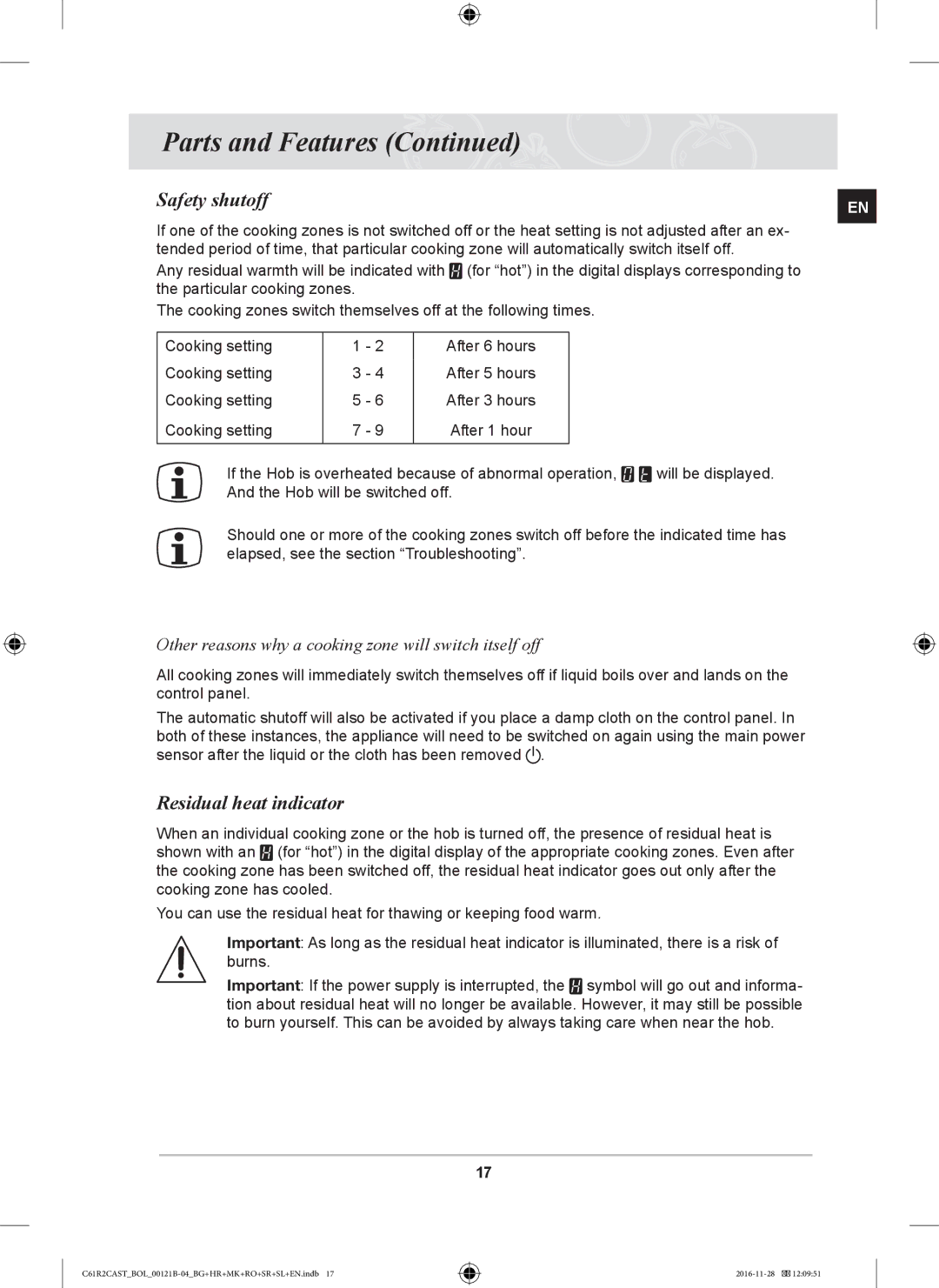 Samsung C61R2CCN/XEH Safety shutoff, Residual heat indicator, Other reasons why a cooking zone will switch itself off 