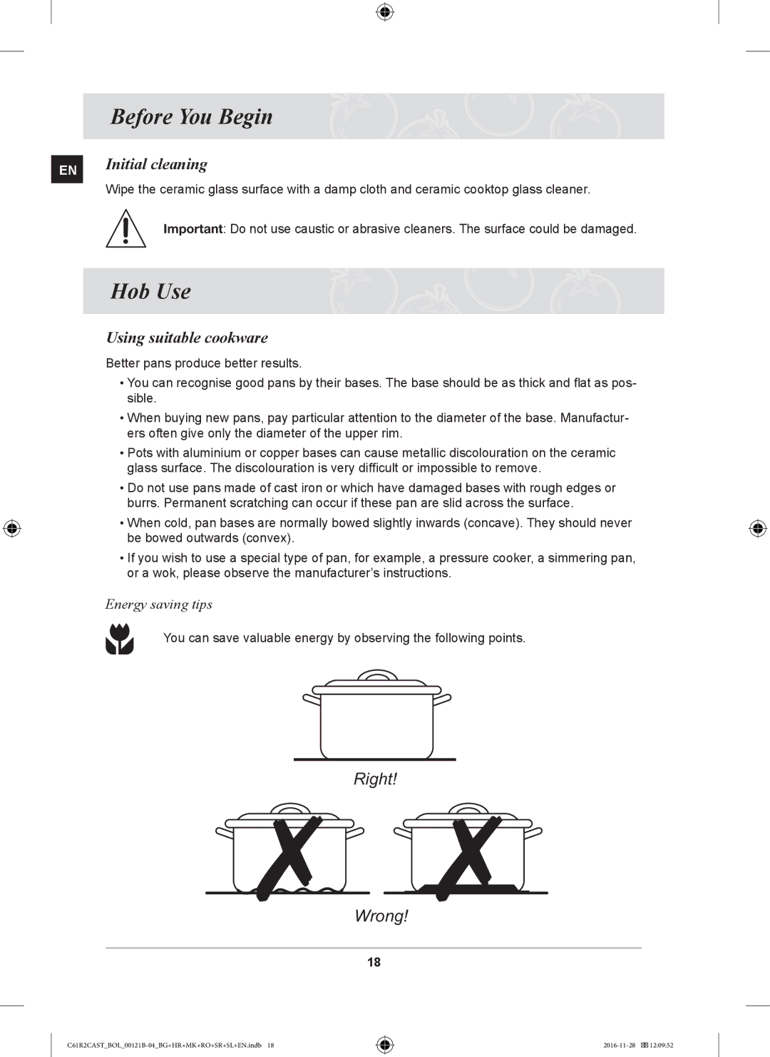 Samsung C61R2CCN/BOL manual Before You Begin, Hob Use, Initial cleaning, Using suitable cookware, Energy saving tips 