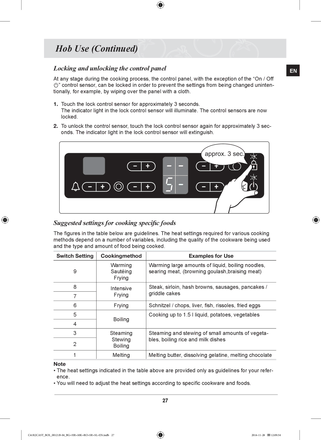 Samsung C61R2CCN/BOL, C61R2CAST/BOL Locking and unlocking the control panel, Suggested settings for cooking specific foods 