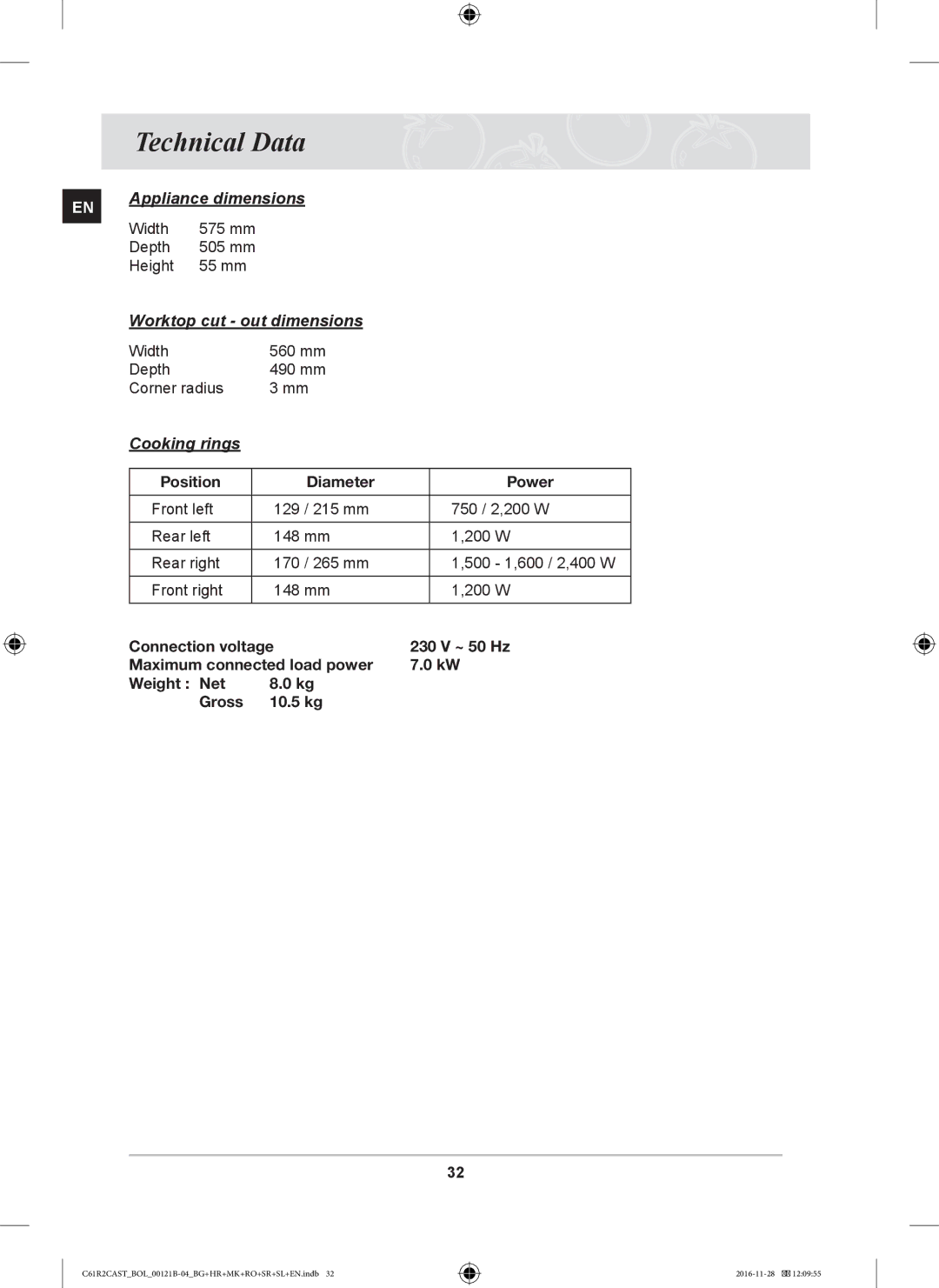 Samsung C61R2CCN/XEH, C61R2CCN/BOL, C61R2CAST/BOL manual Technical Data, Position Diameter Power 